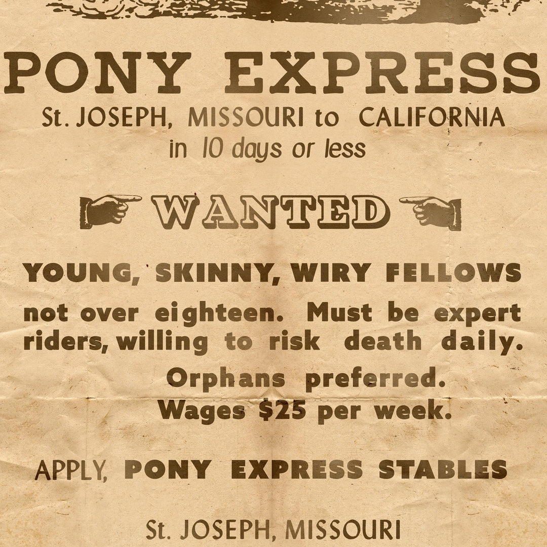 1860 'Riders Wanted' Pony Express Retro Poster - 24" x 36"