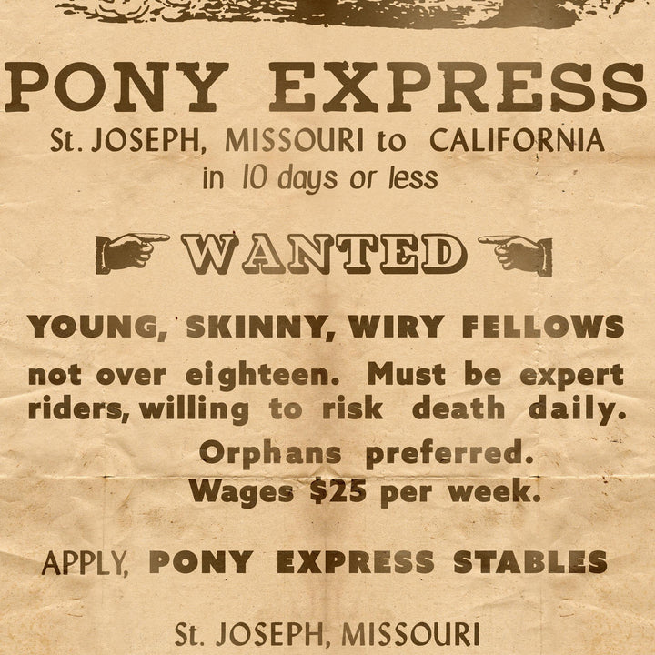 1860 'Riders Wanted' Pony Express Retro Poster - 24" x 36"