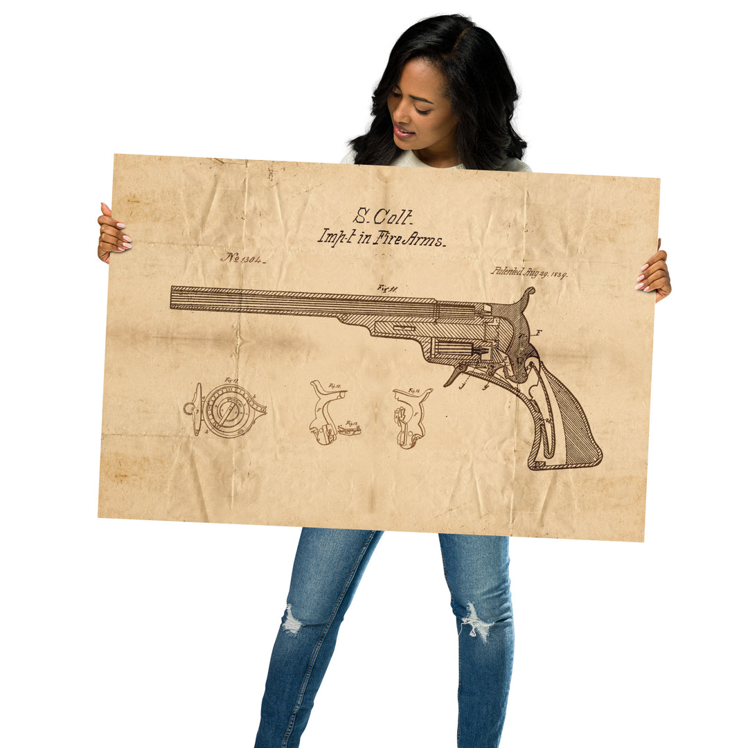 1839 Colt Fire Arm Patent Pended Retro Poster - 36" x 24"