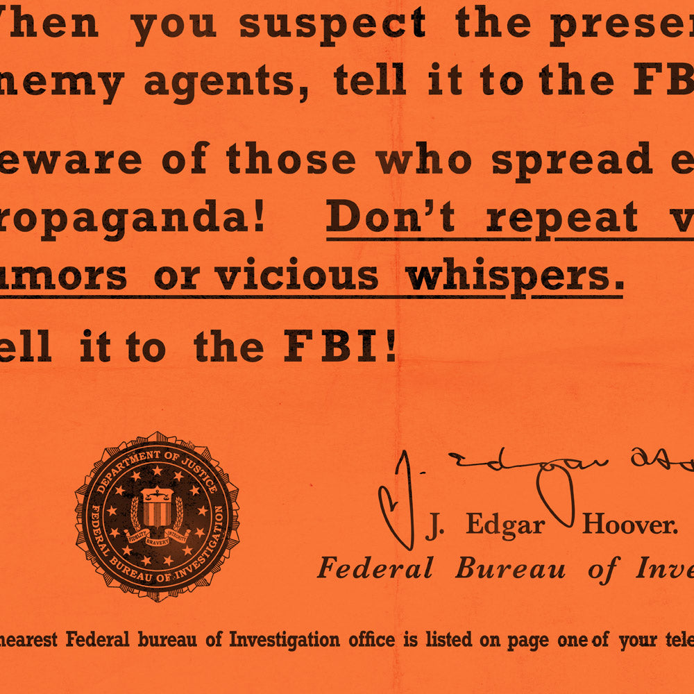 WW2 Spy 'Warning From the FBI' Retro Poster - 24" x 36"