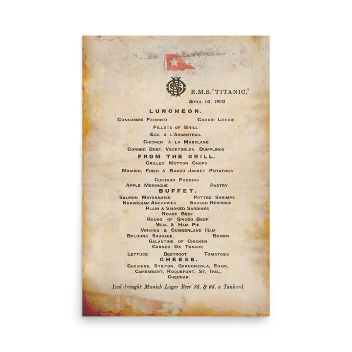 The Luncheon Menu Of The Titanic Retro Poster - 24" x 36"