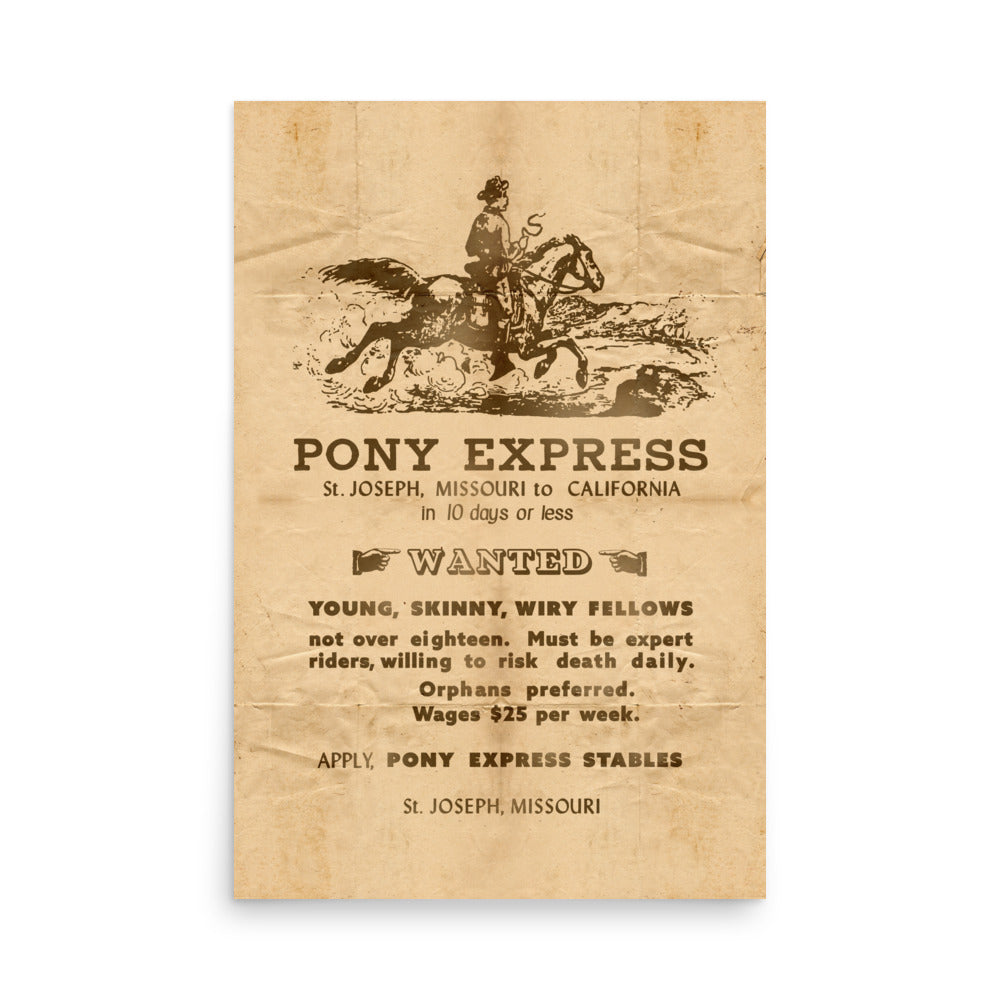 1860 'Riders Wanted' Pony Express Retro Poster - 24" x 36"