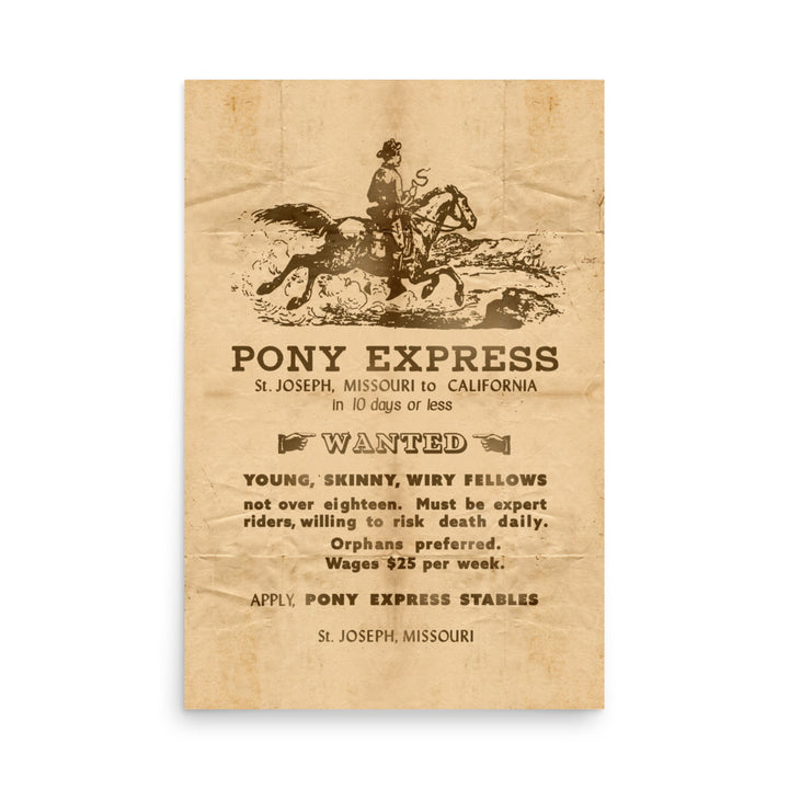 1860 'Riders Wanted' Pony Express Retro Poster - 24" x 36"