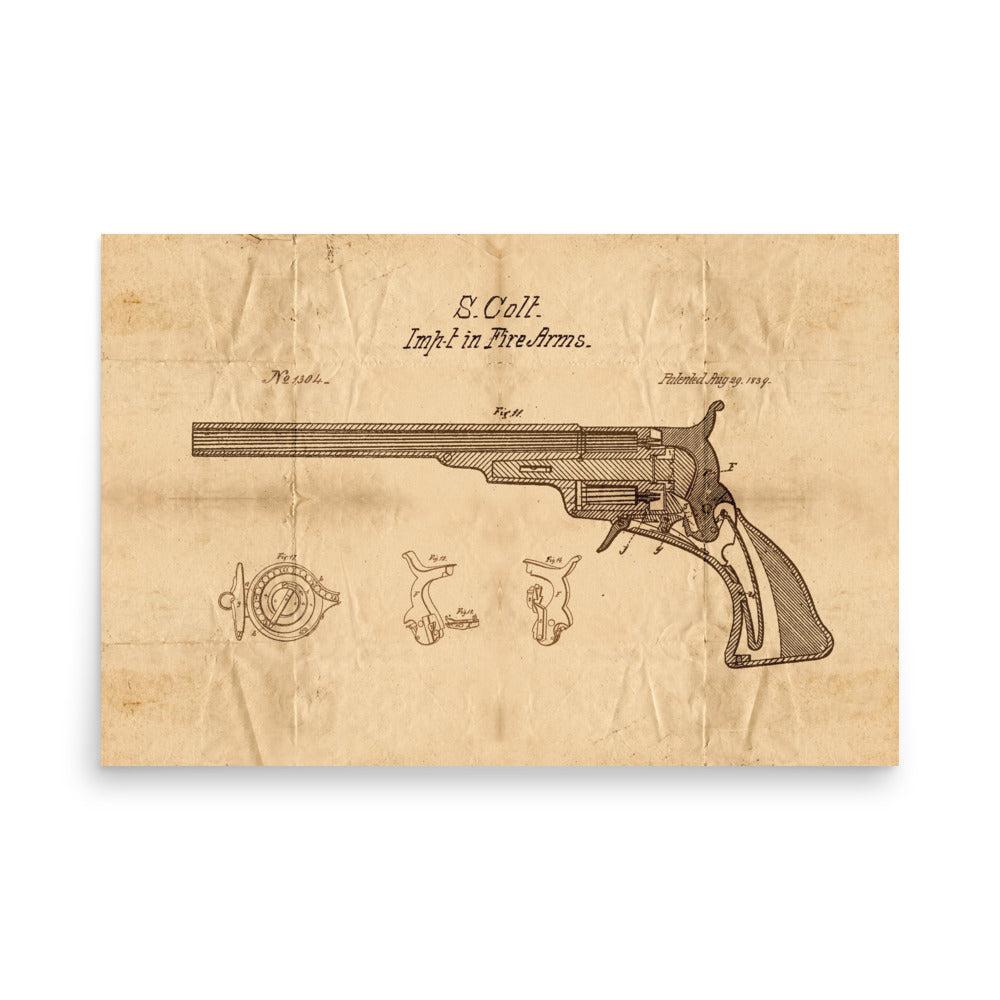 1839 Colt Fire Arm Patent Pended Retro Poster - 36" x 24"