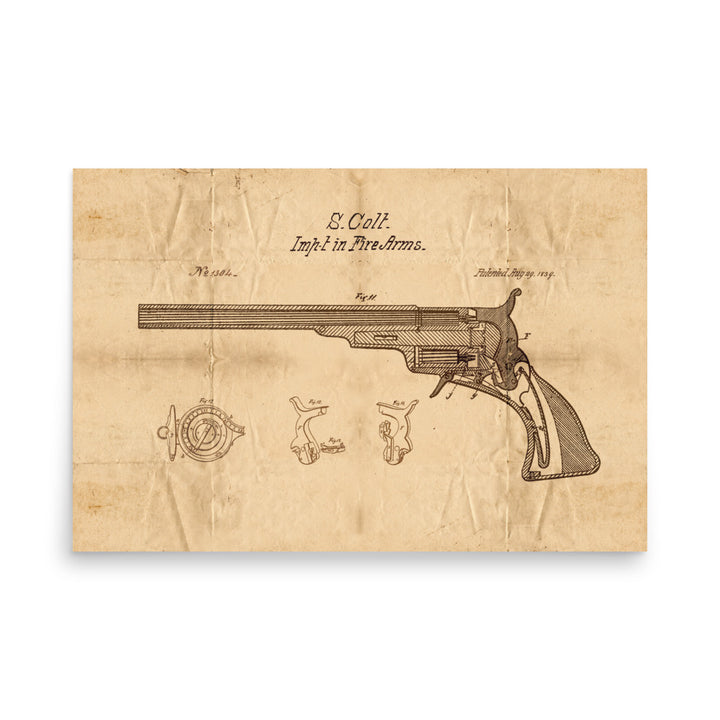 1839 Colt Fire Arm Patent Pended Retro Poster - 36" x 24"