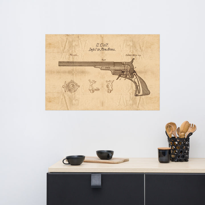 1839 Colt Fire Arm Patent Pended Retro Poster - 36" x 24"