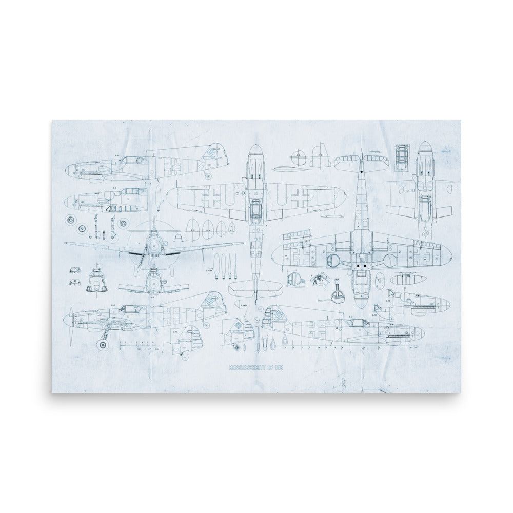 Messerschmitt BF 109 'ME 109' Blue Print Retro Poster. - 36" x 24"