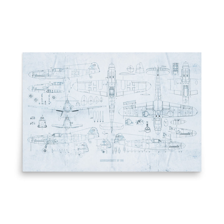 Messerschmitt BF 109 'ME 109' Blue Print Retro Poster. - 36" x 24"