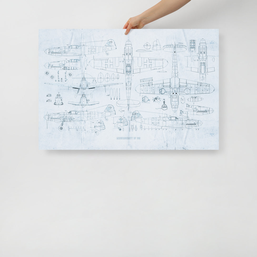 Messerschmitt BF 109 'ME 109' Blue Print Retro Poster. - 36" x 24"