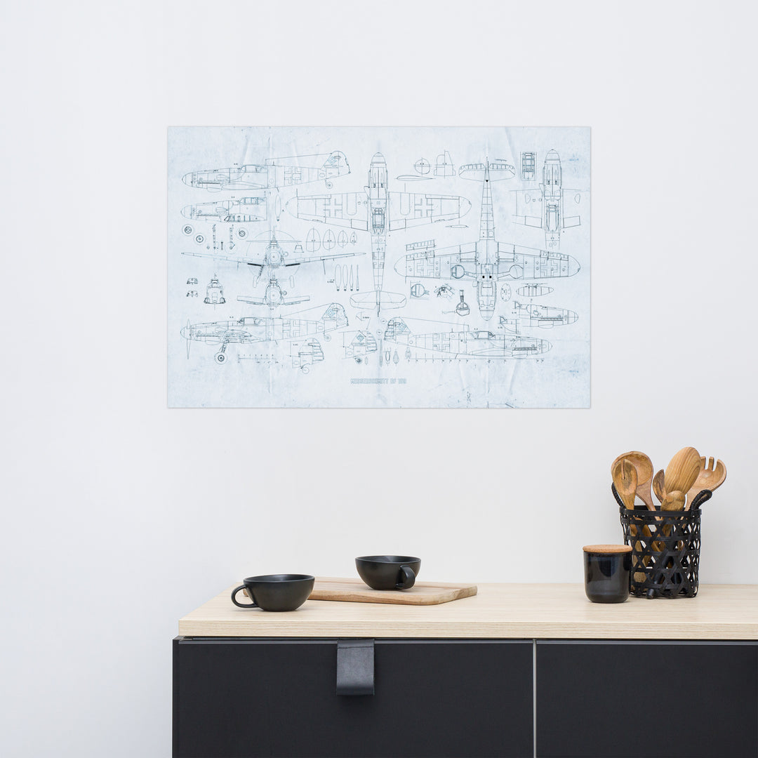 Messerschmitt BF 109 'ME 109' Blue Print Retro Poster. - 36" x 24"