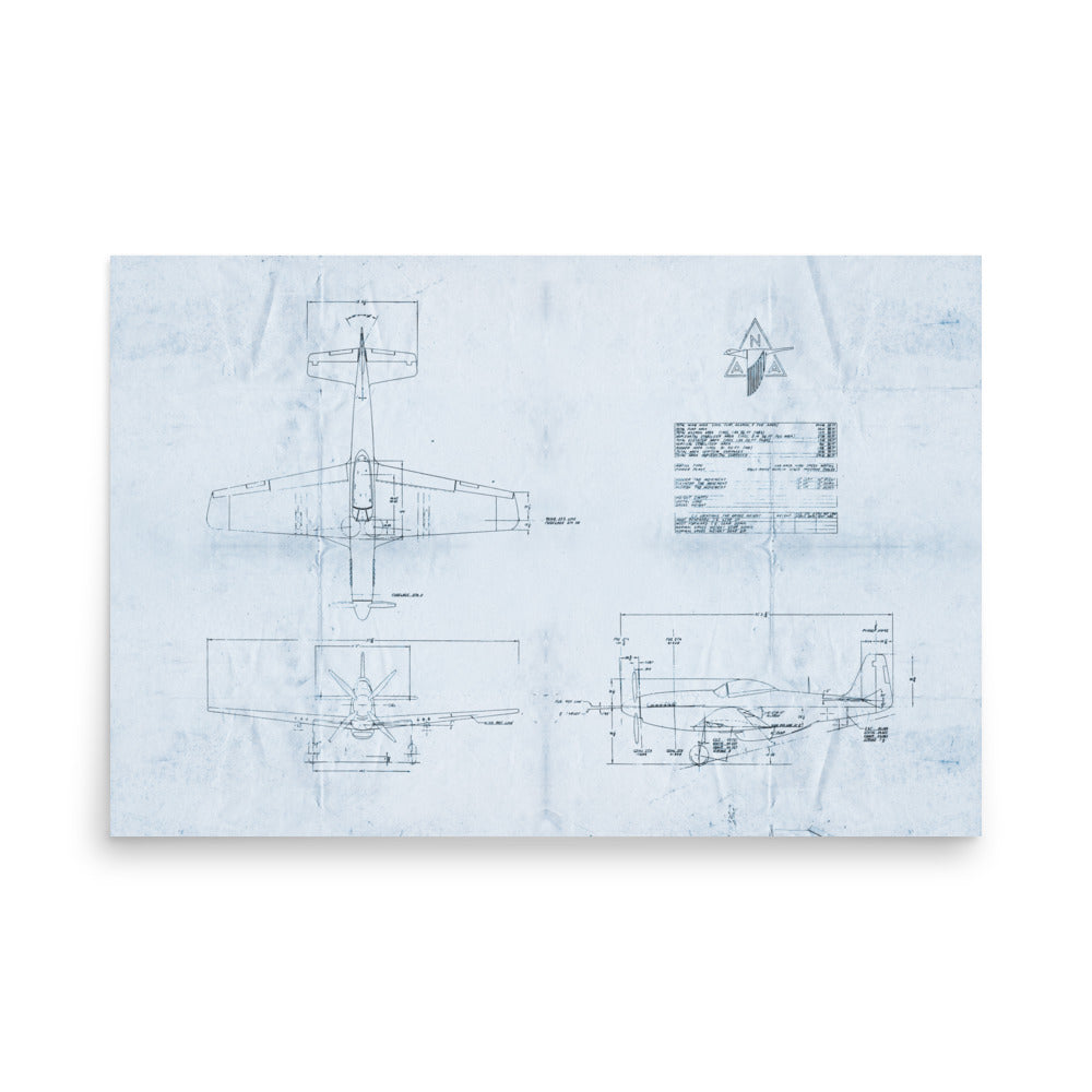 P-51 Mustang Blue Print Retro Poster - 36" x 24"