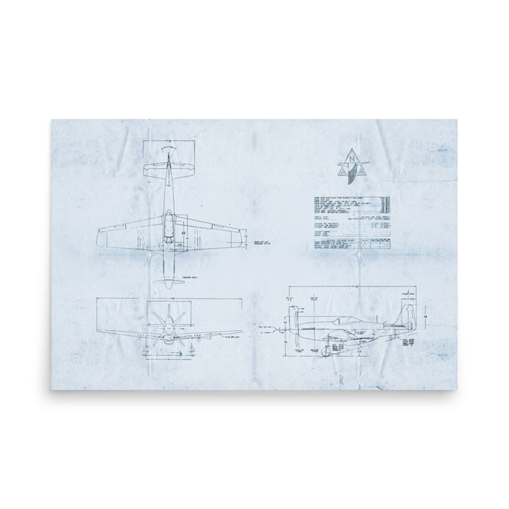 P-51 Mustang Blue Print Retro Poster - 36" x 24"
