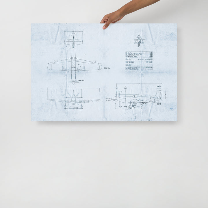 P-51 Mustang Blue Print Retro Poster - 36" x 24"