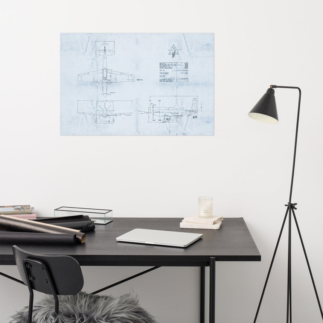 P-51 Mustang Blue Print Retro Poster - 36" x 24"