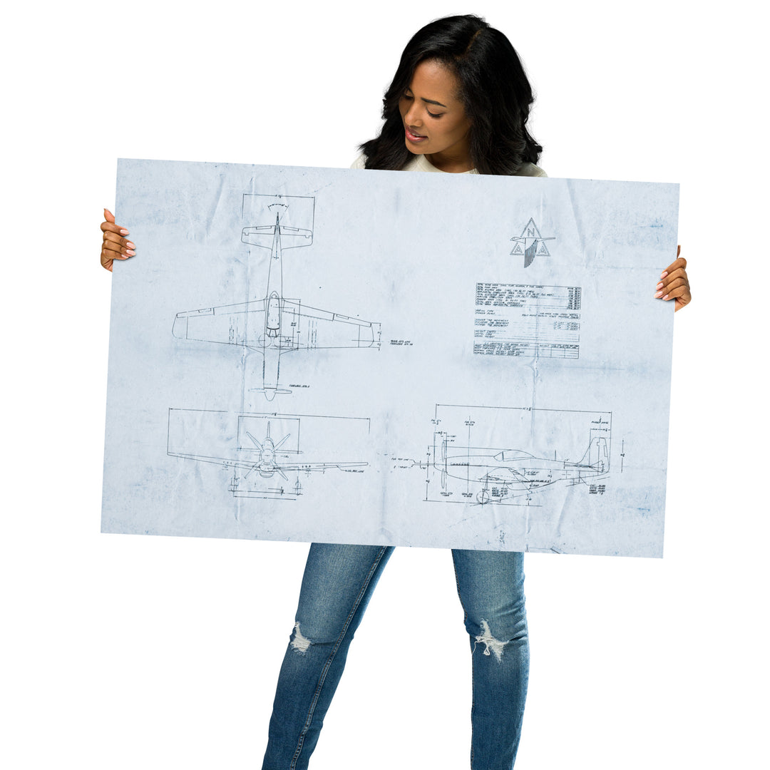 P-51 Mustang Blue Print Retro Poster - 36" x 24"