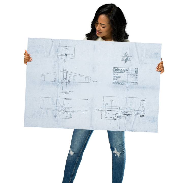 P-51 Mustang Blue Print Retro Poster - 36" x 24"
