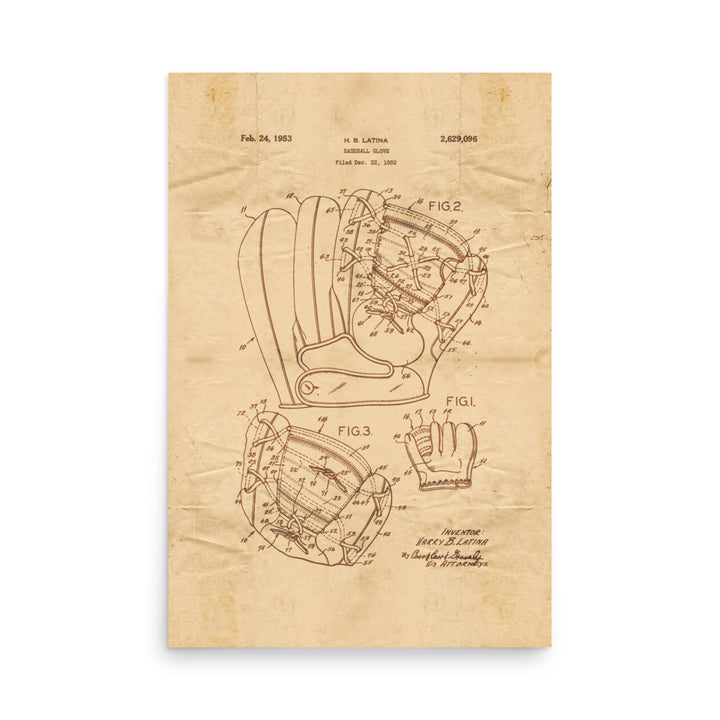 Baseball Glove Patent Pended 1853 Retro Poster - 24" x 36"