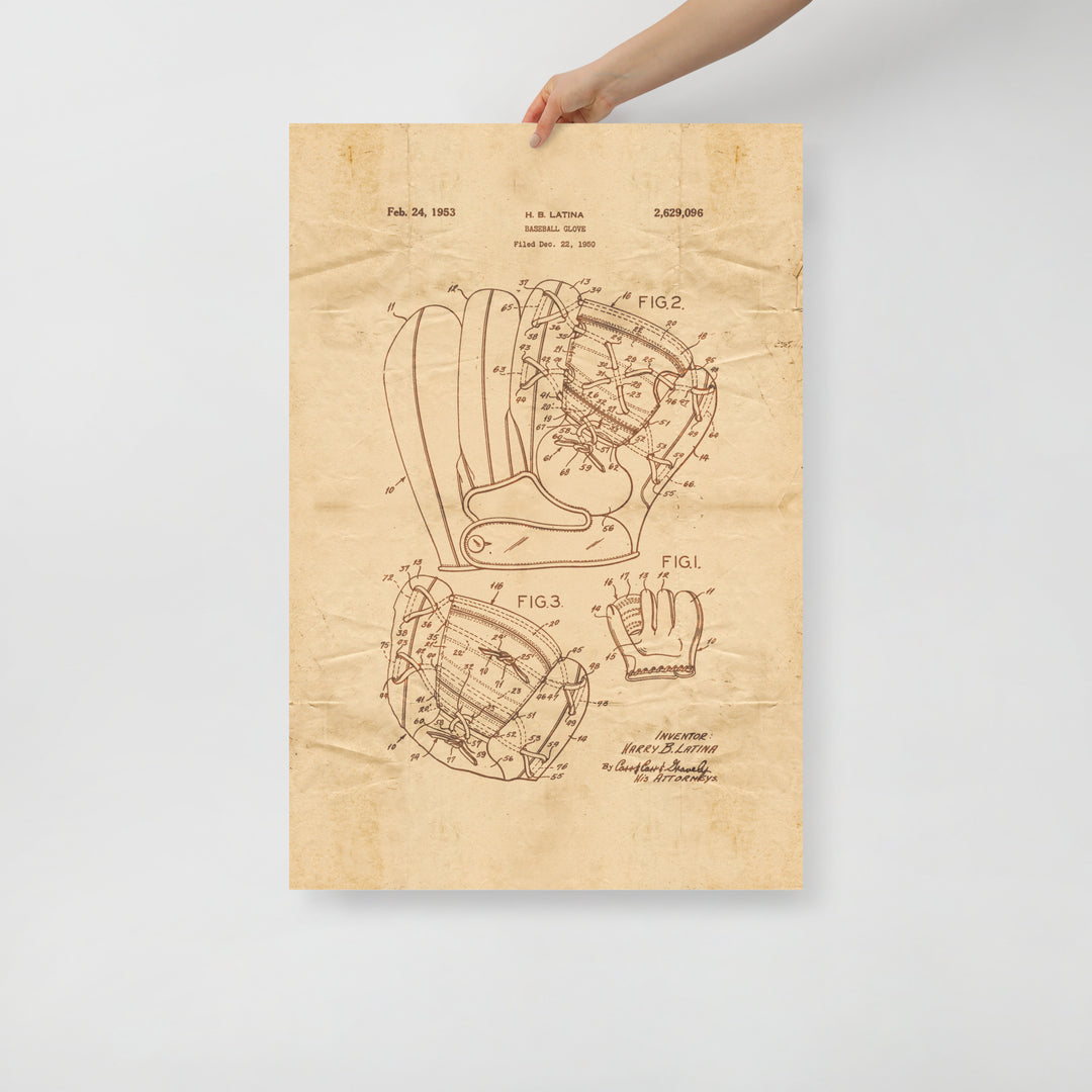 Baseball Glove Patent Pended 1853 Retro Poster - 24" x 36"