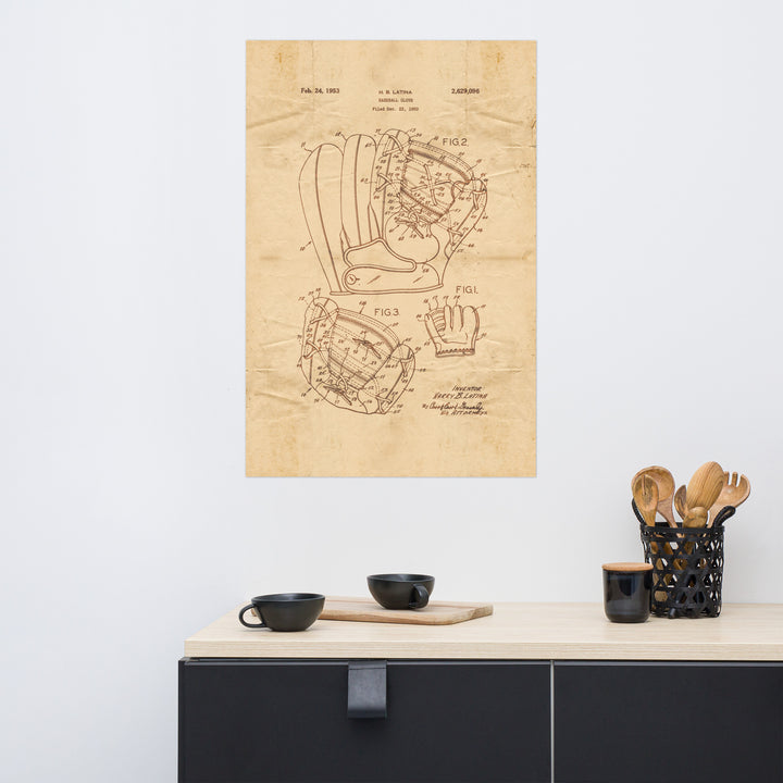 Baseball Glove Patent Pended 1853 Retro Poster - 24" x 36"