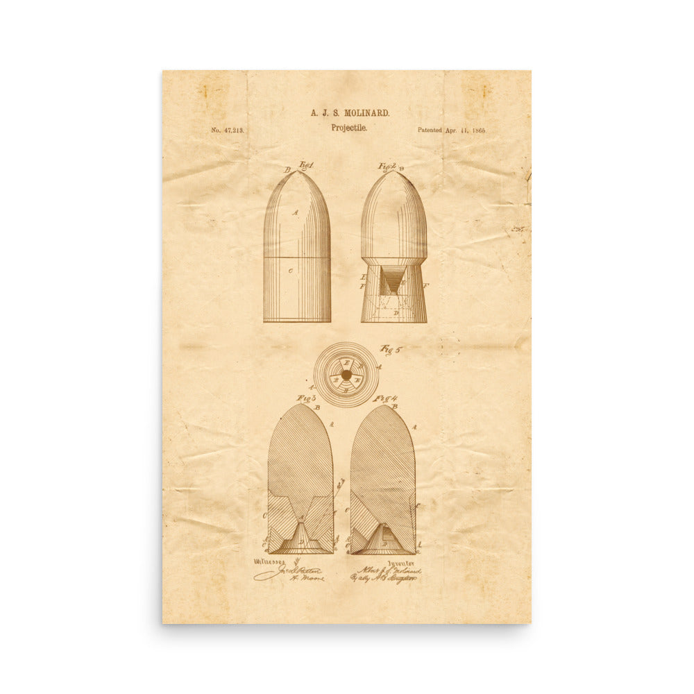 Projectile Patent Pended 1865 Retro Poster - 24" x 36"