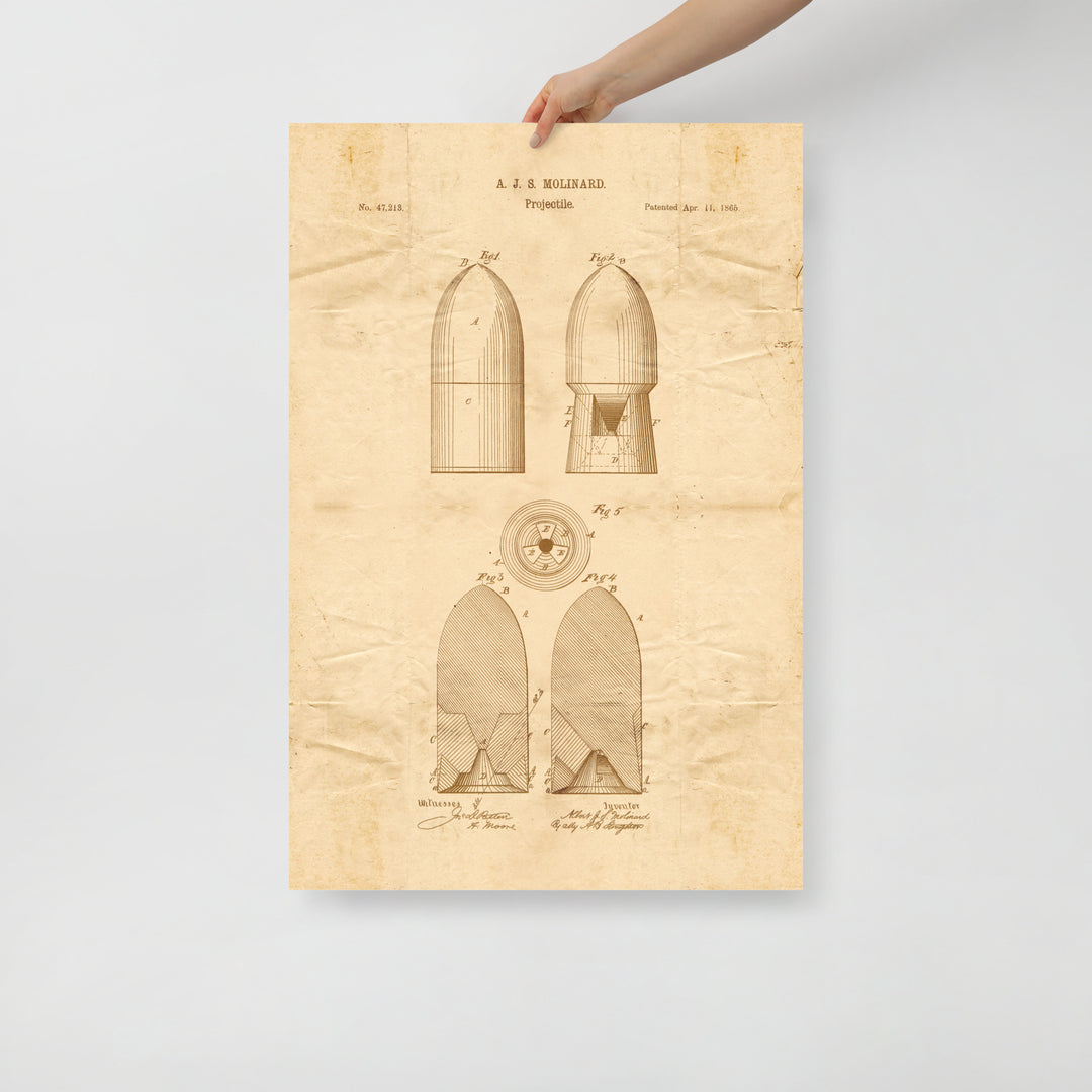 Projectile Patent Pended 1865 Retro Poster - 24" x 36"