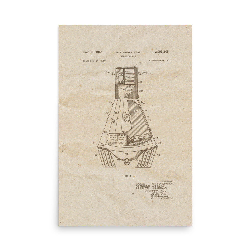 Space Capsule 1963 Patent Pended Retro Poster - 24" x 36"