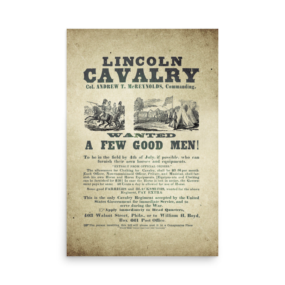 Lincoln Cavalry  'Wanted. A Few Good Men' Retro Poster - 24" x 36"