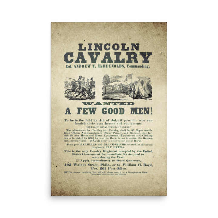 Lincoln Cavalry  'Wanted. A Few Good Men' Retro Poster - 24" x 36"