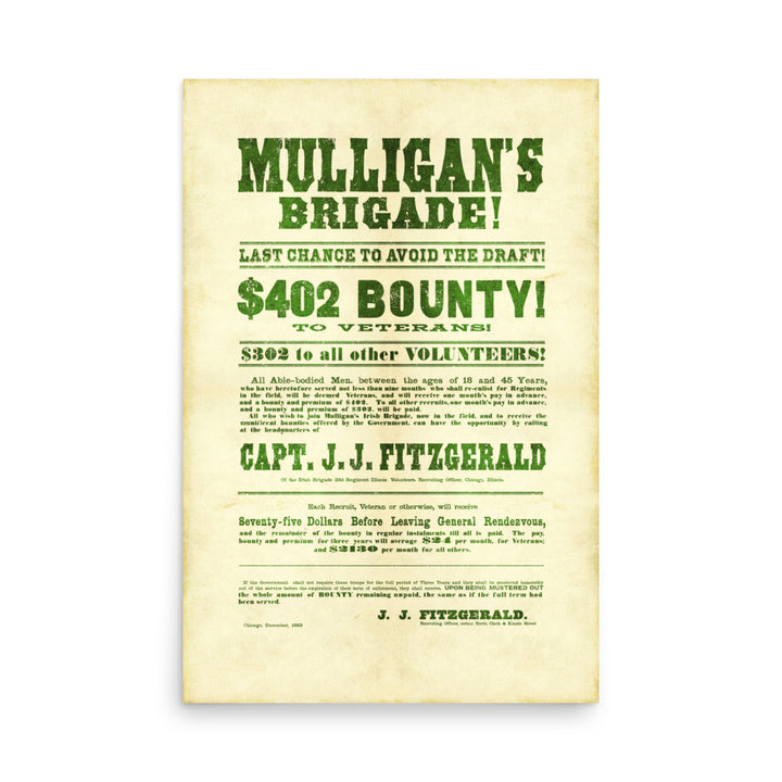 Mulligan's Brigade Civil War Recruitment Retro Poster - 24" x 36"