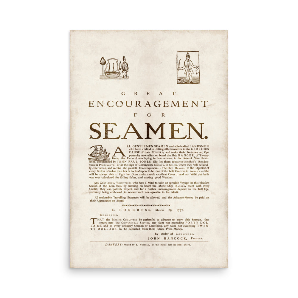 1777 'Great Encouragement for Seamen' Retro Poster - 24" x 36"