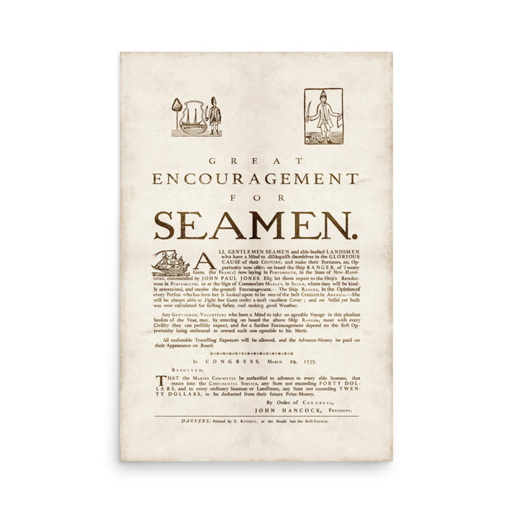 1777 'Great Encouragement for Seamen' Retro Poster - 24" x 36"