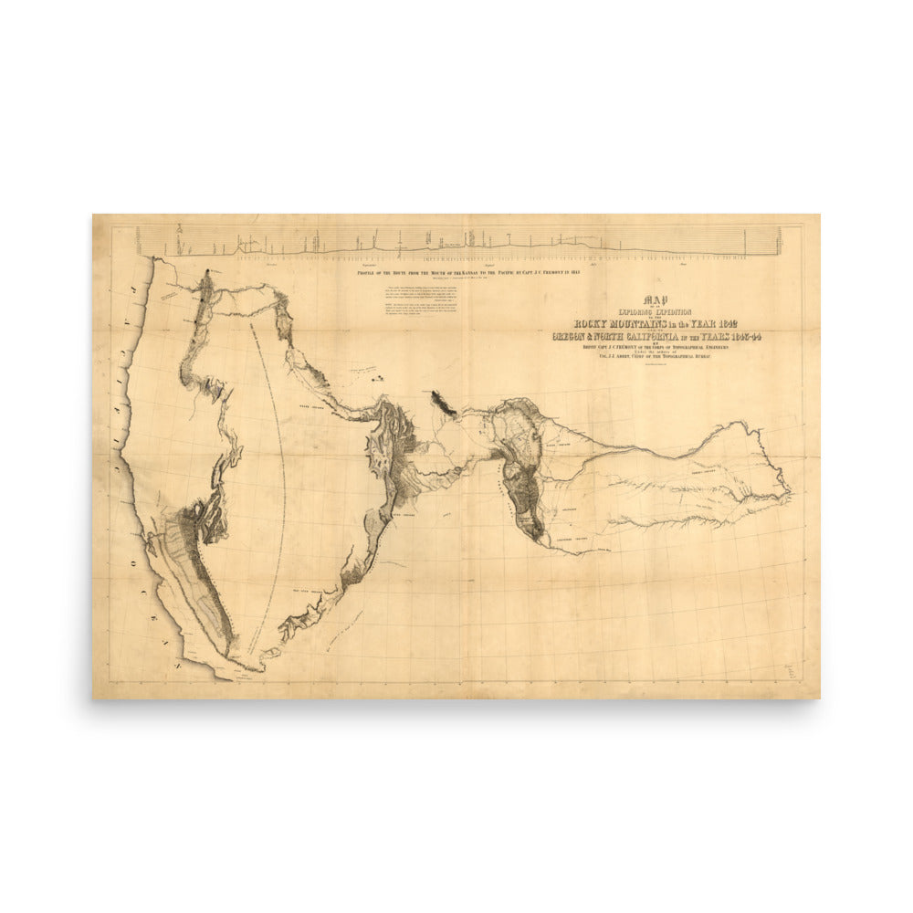 1843 Frémont Map Of Oregon & Northern California Retro Poster - 36" x 24"