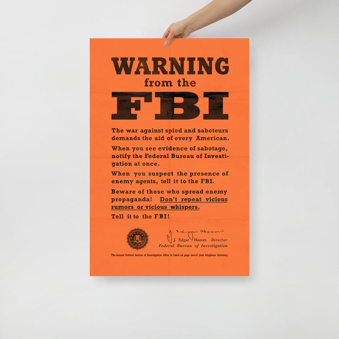 WW2 Spy 'Warning From the FBI' Retro Poster - 24" x 36"