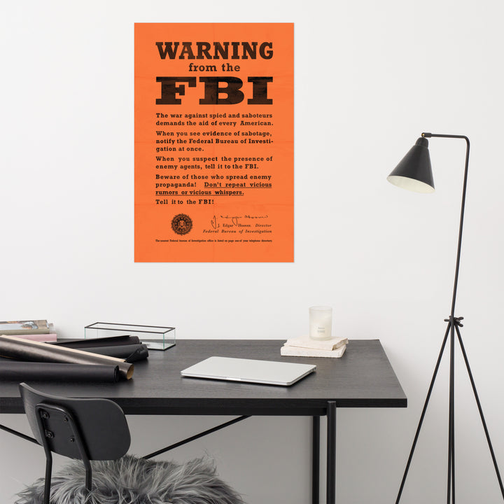 WW2 Spy 'Warning From the FBI' Retro Poster - 24" x 36"