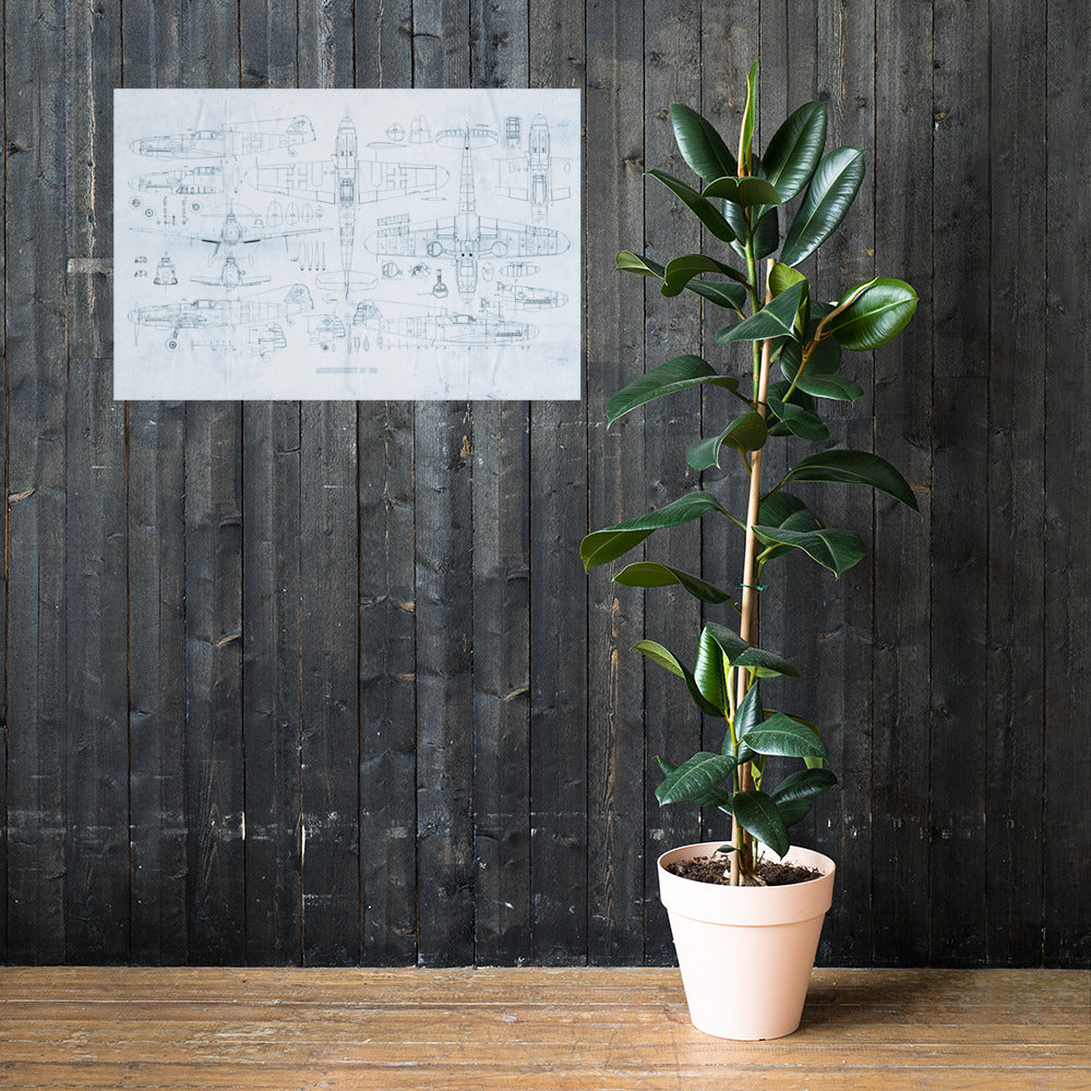 Messerschmitt BF 109 'ME 109' Blue Print Retro Poster. - 36" x 24"