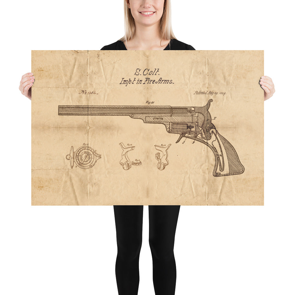 1839 Colt Fire Arm Patent Pended Retro Poster - 36" x 24"
