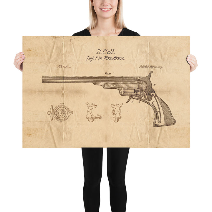 1839 Colt Fire Arm Patent Pended Retro Poster - 36" x 24"