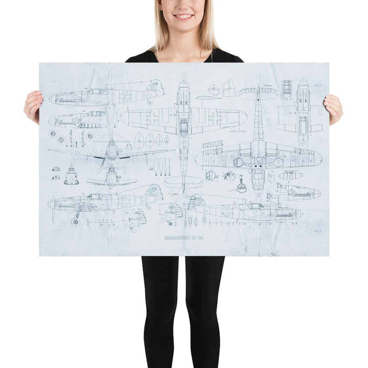 Messerschmitt BF 109 'ME 109' Blue Print Retro Poster. - 36" x 24"