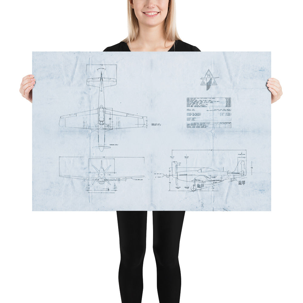 P-51 Mustang Blue Print Retro Poster - 36" x 24"