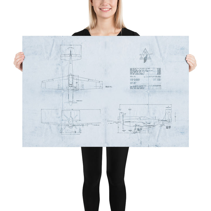 P-51 Mustang Blue Print Retro Poster - 36" x 24"