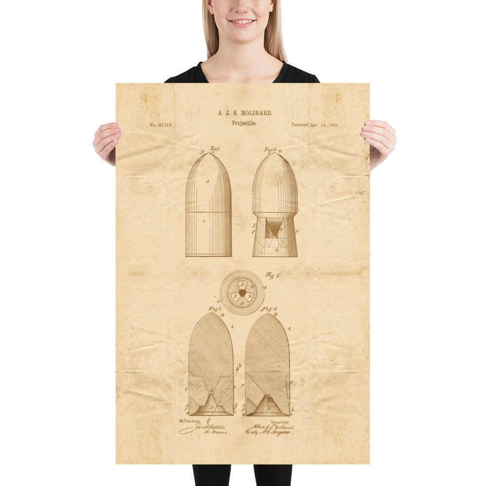 Projectile Patent Pended 1865 Retro Poster - 24" x 36"