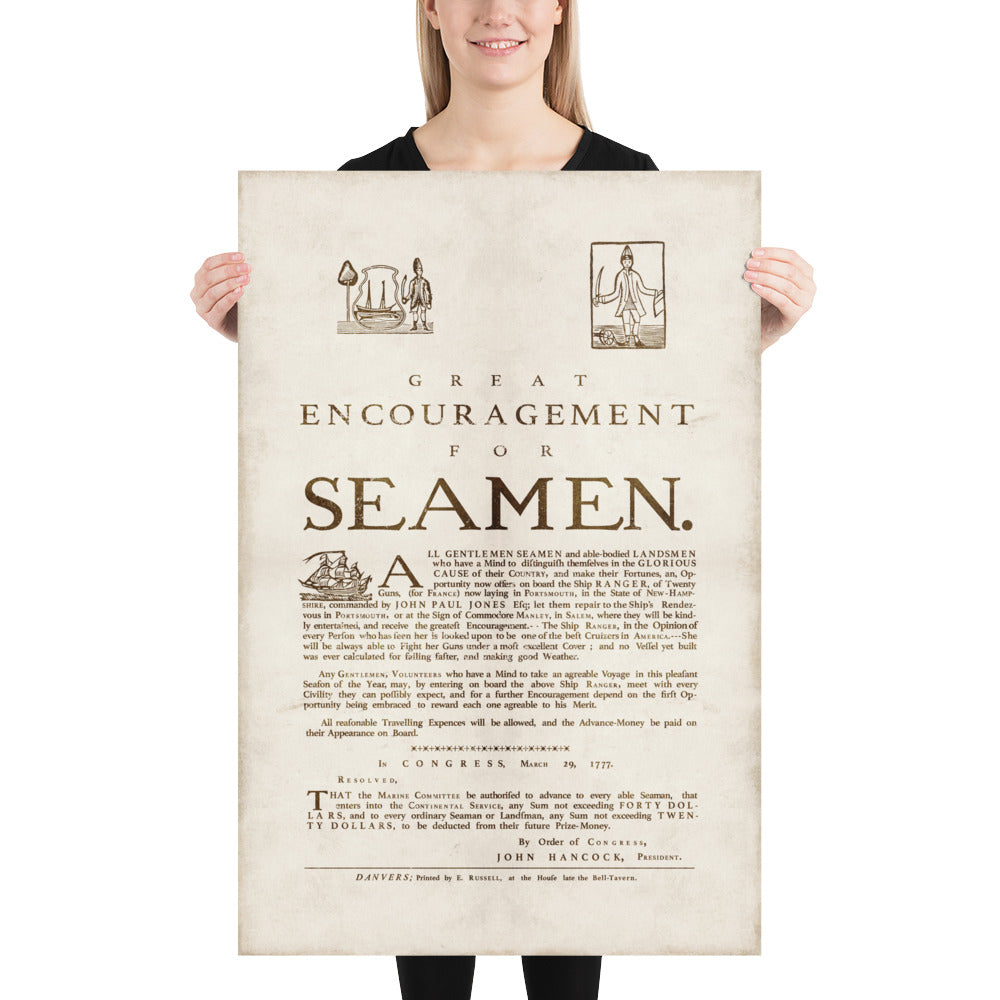 1777 'Great Encouragement for Seamen' Retro Poster - 24" x 36"