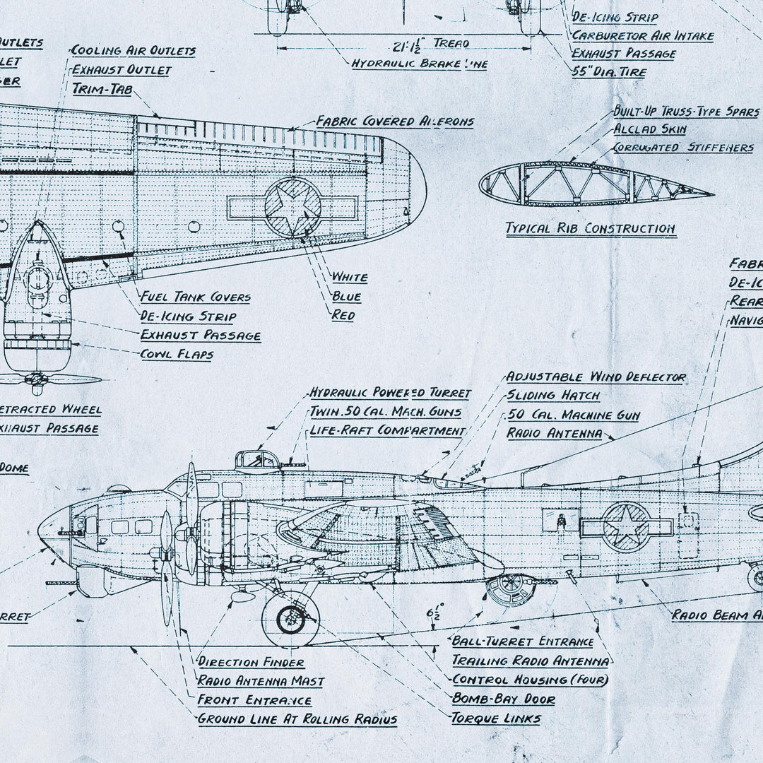 B-17 'Flying Fortress' Blue Print Retro Poster - 36" x 24"