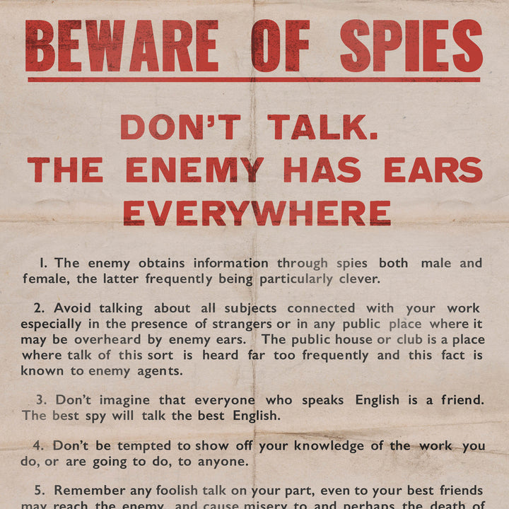 'WARNING! BEWARE OF SPIES' WW2 Retro Poster - 24" x 36"