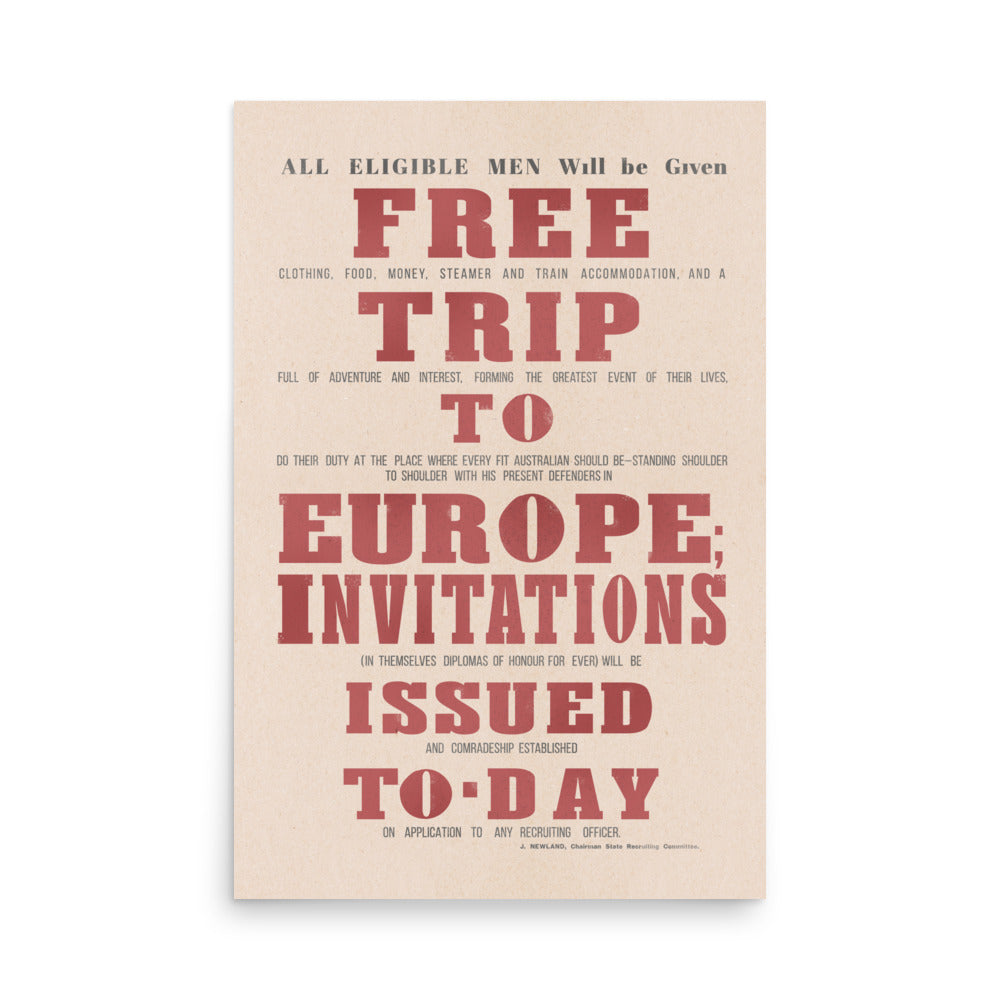 "Free Trip to Europe" Australian WW1 Retro Poster - 24" x 36"