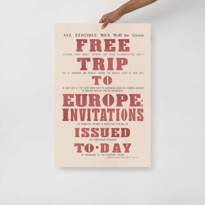 "Free Trip to Europe" Australian WW1 Retro Poster - 24" x 36"