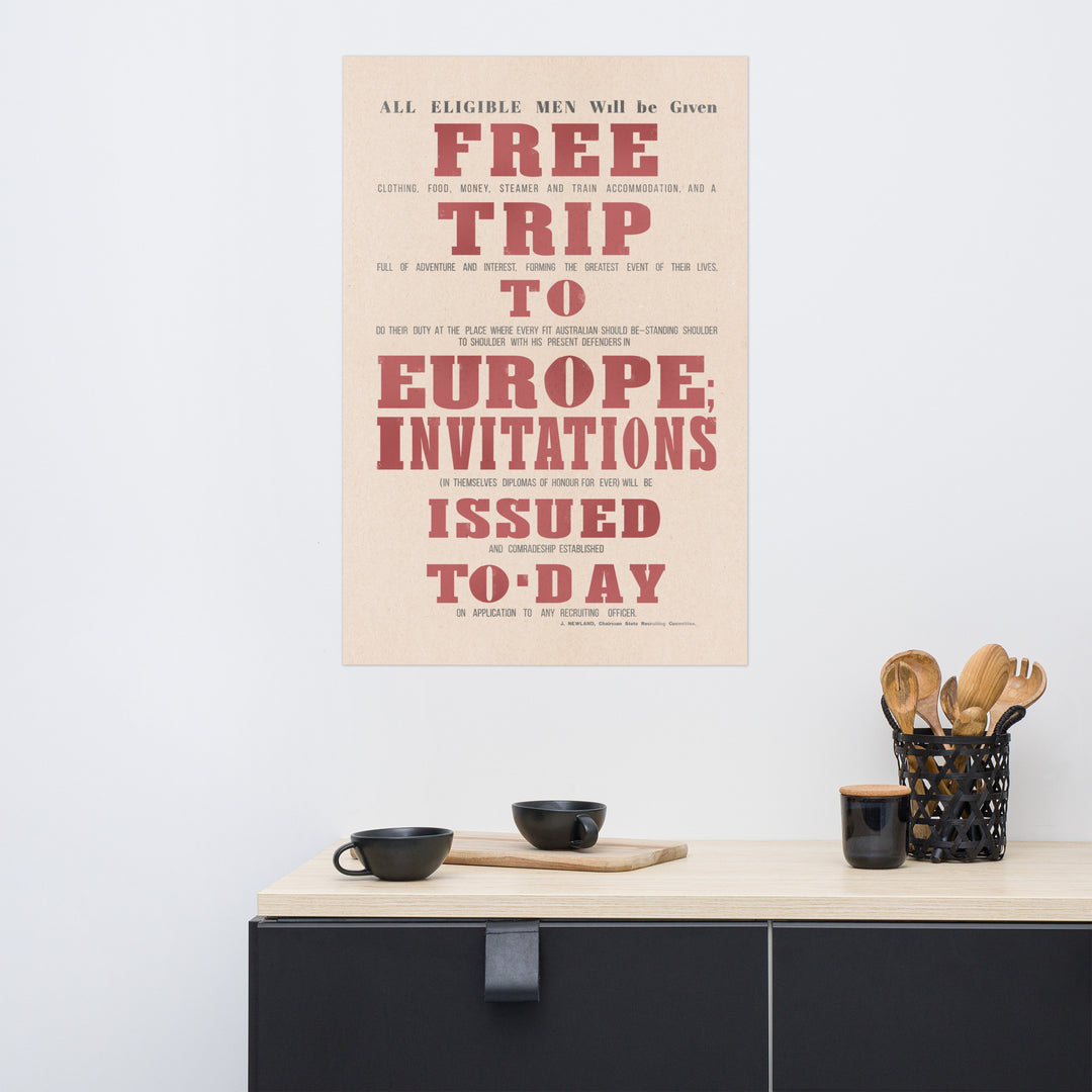 "Free Trip to Europe" Australian WW1 Retro Poster - 24" x 36"