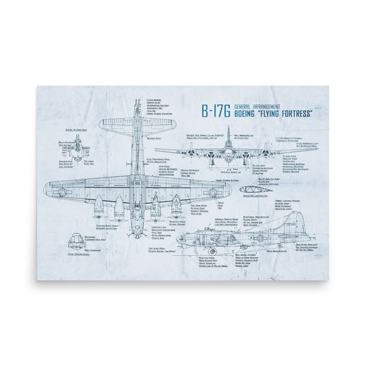 B-17 'Flying Fortress' Blue Print Retro Poster - 36" x 24"