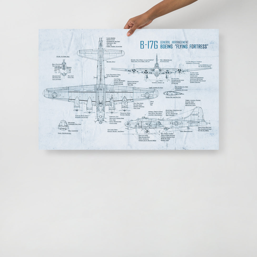 B-17 'Flying Fortress' Blue Print Retro Poster - 36" x 24"