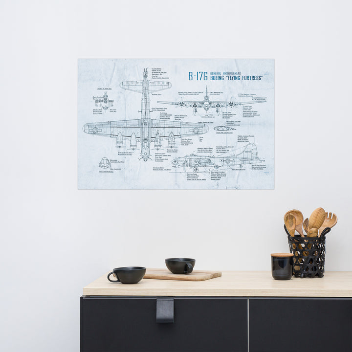 B-17 'Flying Fortress' Blue Print Retro Poster - 36" x 24"